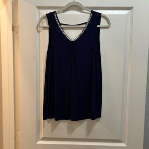 Women's Navy Sleeveless Beaded V-Neck Top